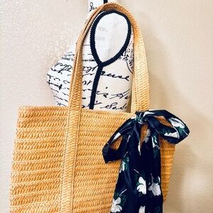 New Draper James Woven Tan Tote with Black Floral Scarf